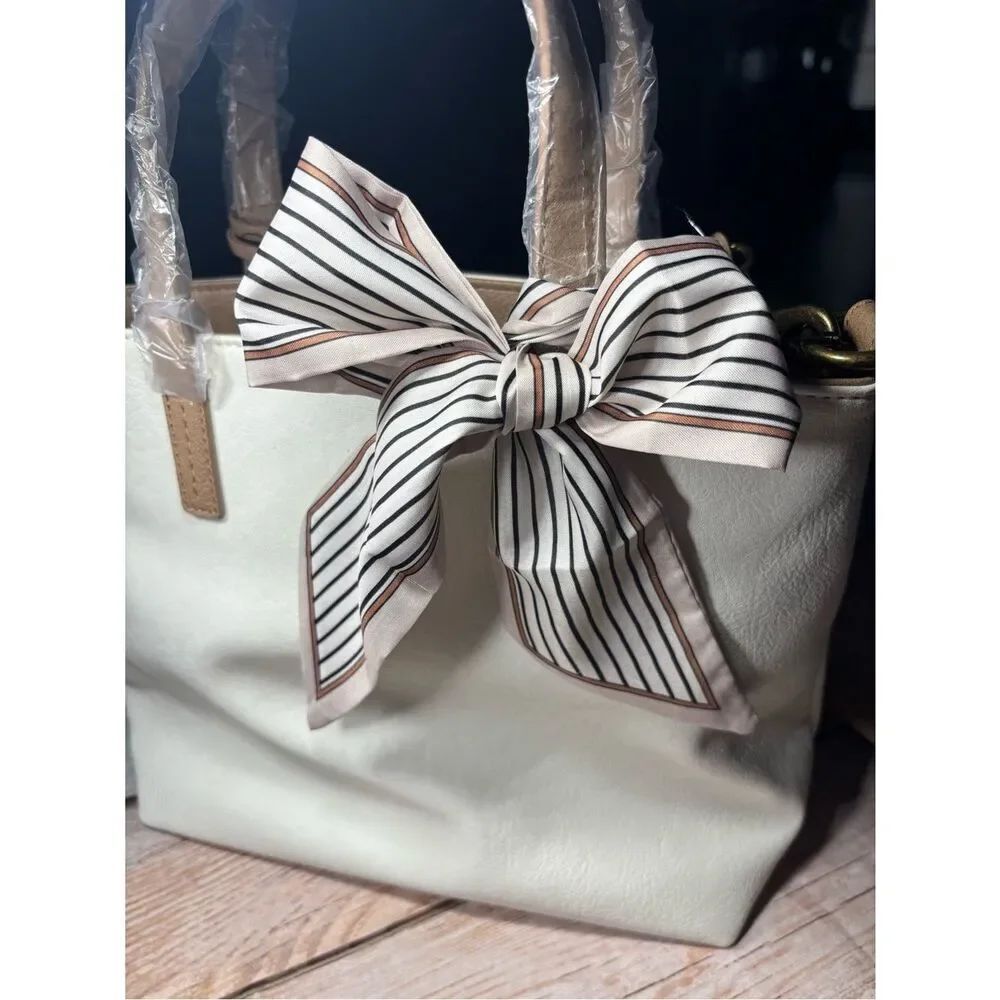 New Striped Scarf in White, Black, and Taupe Twilly Purse Bag 2.5” x 35”